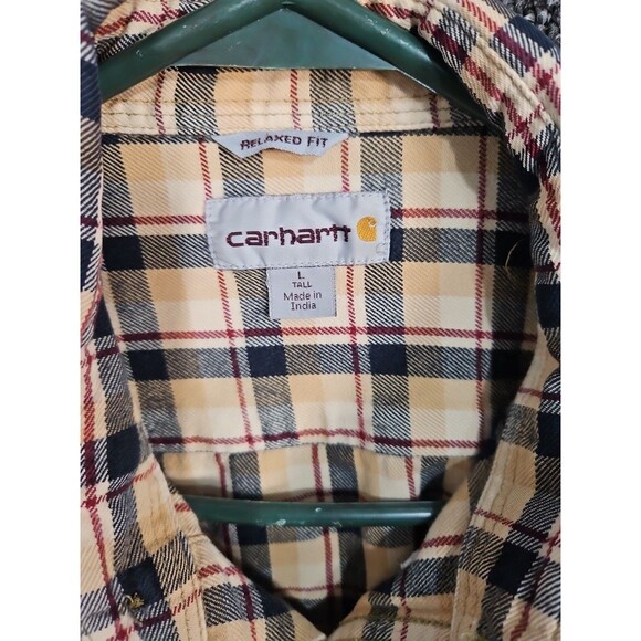 Carhartt Flannel Button Up Shirt Men's Size Large Tall Relaxed Fit Tan Black - Picture 2 of 8